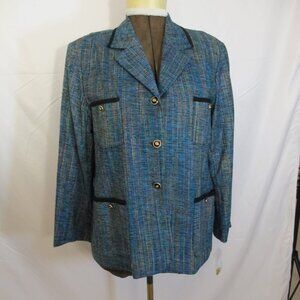 Brownstone Studio silk-blend blue plaid blazer with black trim –18P NEW